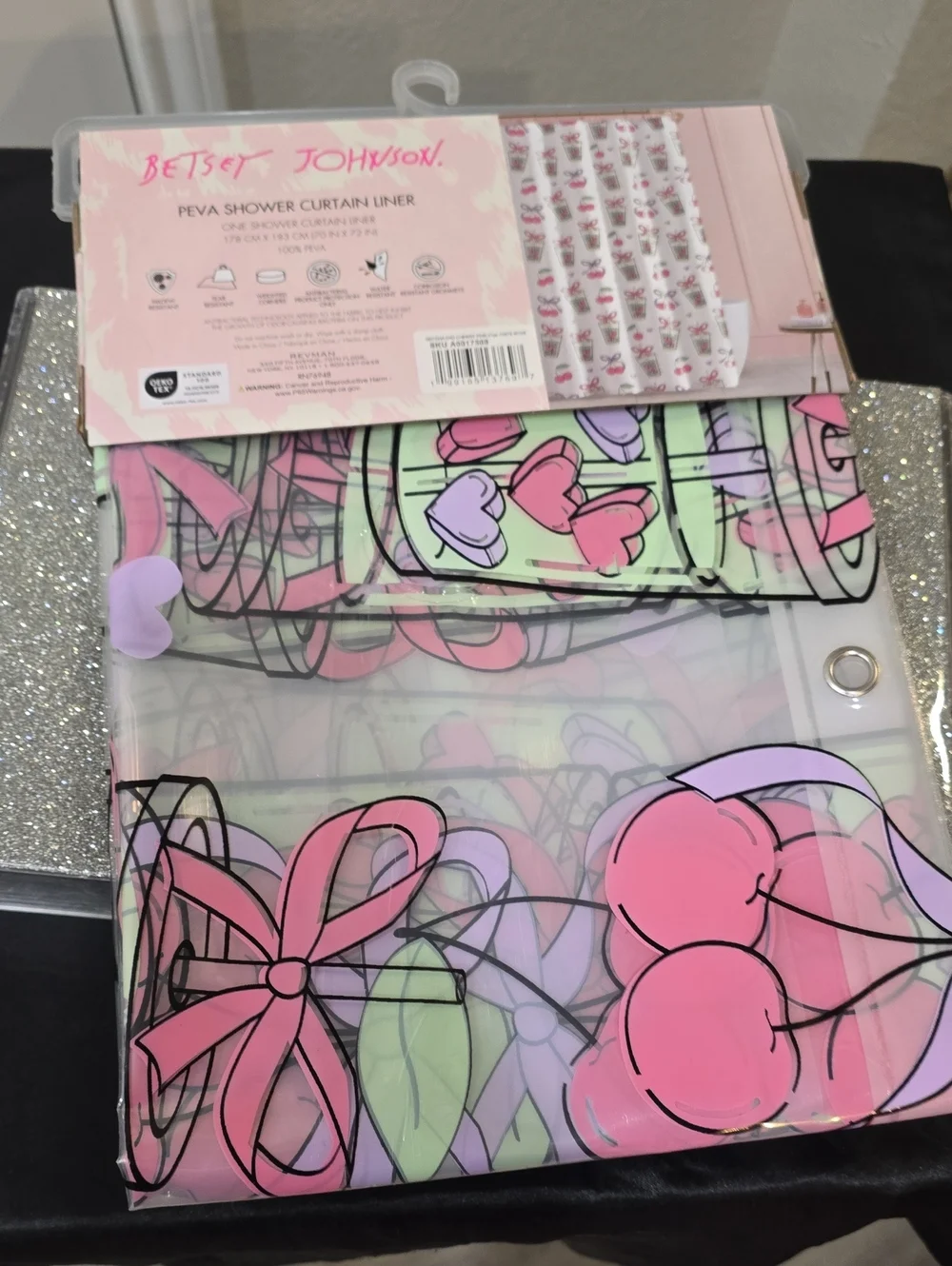 Betsey Johnson Matcha & Cherry Print PEVA Shower Curtain Liner